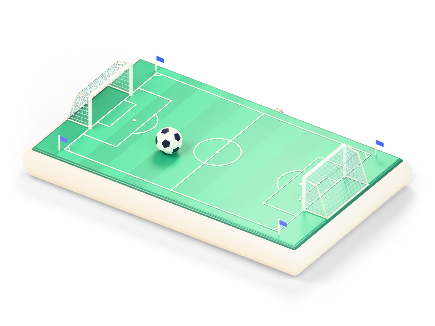 A miniature soccer pitch with woven goals and a football, where the real-world experience begins